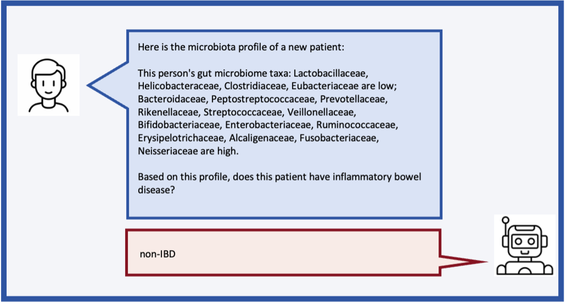 Diagram of a new patient’s gut microbiota profile in a speech bubble, with taxa marked low or high. A prompt asks about inflammatory bowel disease, and a chatbot response below classifies the case as non-IBD.